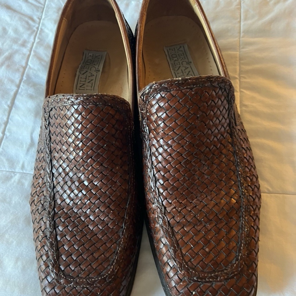 Men's Mercanti Forentini Brown Leather Shoes 10 10M Slip on Woven Made Italy